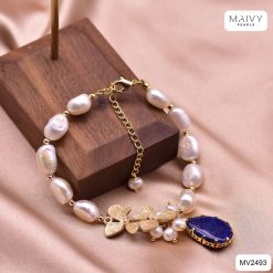 Lắc tay ngọc trai trắng charm hoa lan mix đá tím MV2493