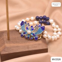 Lắc tay đôi ngọc trai trắng mix đá xanh lam charm hoa sen MV2526