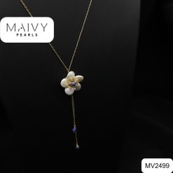 Alternative view of Dây chuyền mặt hoa ngọc trai nhụy xanh dương có tua rua MV2499