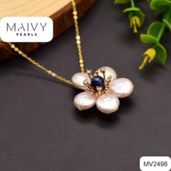 Bộ mặt hoa cánh ngọc trai trắng nhụy đá xanh dương: dây chuyền, hoa tai, nhẫn MV2498
