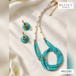 Set dây chuyền đá lam ngọc nhí 3 sợi và hoa tai đồng điếu MV2285