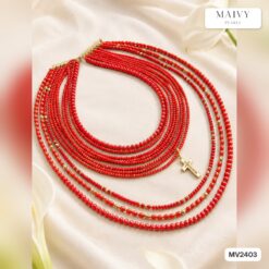 Dây chuyền san hô tre biển màu đỏ mix bi mạ vàng nhiều sợi xếp tầng MV2403