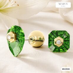 Bông tai đá xanh đối xứng giọt nước và vuông MV2590