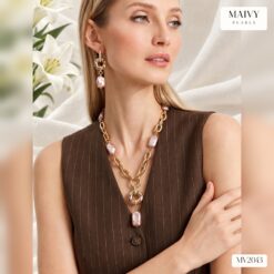 Set dây chuyền và bông tai ngọc trai baroque vuông hồng ánh tím mix xích MV2043