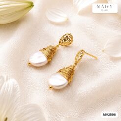 Bông tai vintage ngọc trai cúc áo quấn viền mạ vàng MV2596