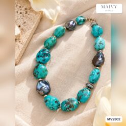 Dây chuyền đá lam ngọc khối to mix ngọc trai baroque lông công MV2302