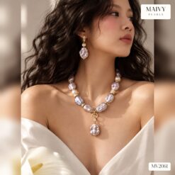 Set ngọc trai baroque hồng ánh tím cỡ lớn kèm mặt: dây chuyền, lắc tay, bông tai MV2061