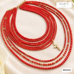 Dây chuyền san hô tre biển màu đỏ mix bi mạ vàng nhiều sợi xếp tầng MV2403