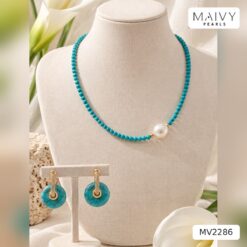 Set dây chuyền đá lam ngọc 3mm nhấn ngọc trai baroque trắng và bông tai đồng điếu MV2286