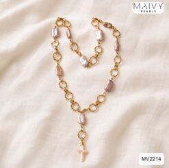 Set dây chuyền xích tròn ngọc trai baroque vuông hồng ánh tím mặt thánh giá và hoa tai MV2214