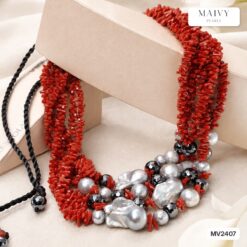 Set san hô tre biển màu đỏ mix ngọc trai baroque xám MV2407