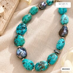 Dây chuyền đá lam ngọc khối to mix ngọc trai baroque lông công MV2302
