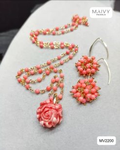 Set san hô tre biển màu cam Hồng Diễm: dây chuyền mặt hoa hồng, lắc tay, bông tai MV2200