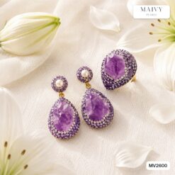 Set bông tai và nhẫn thạch anh tím khối to dáng Trung Đông MV2600
