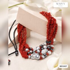 Set san hô tre biển màu đỏ mix ngọc trai baroque xám MV2407