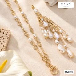 Dây chuyền bạc mạ vàng mặt chùm ngọc trai baroque tháo rời MV2316