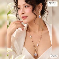 Set dây chuyền và bông tai ngọc trai cúc áo hồng ánh tím MV2054