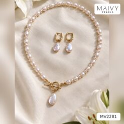 Set ngọc trai trắng nhiều loại hạt: dây có mặt, lắc tay, bông tai khuyên U MV2281