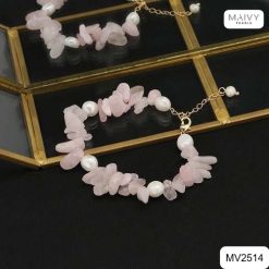 Set dây chuyền lắc tay bông tai hoa thạch anh hồng nhụy ngọc trai trắng MV2514
