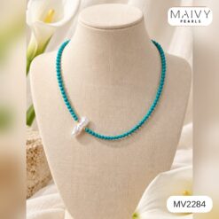 Dây chuyền đá lam ngọc nhí nhấn ngọc trai Keshi cánh dài trắng MV2284