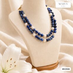 Dây chuyền đá xanh dương tròn mix ngọc trai trắng, loại 1 dây và 2 dây MV2586