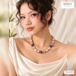 Dây chuyền baroque vuông hồng ánh tím mix ngọc tròn lông công MV2058