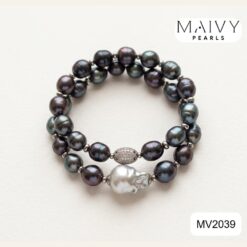 Lắc tay đôi ngọc trai lông công mix baroque xám MV2039