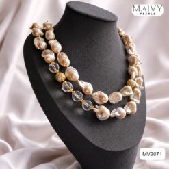 Set ngọc trai baroque trắng mix pha lê: dây chuyền 2 sợi, lắc tay, bông tai MV2071