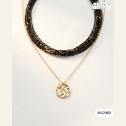 Dây chuyền 10 sợi spinel đen mix bi bạc mạ vàng MV2080