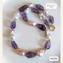 Dây chuyền ngọc trai baroque mix thạch anh tím khối to MV2246