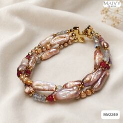 Lắc tay 3 sợi ngọc trai baroque hồng ánh tím hạt dài mix đá MV2249
