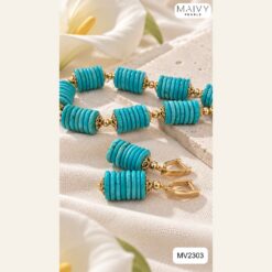 Alternative view of Set dây chuyền và bông tai đá Turquoise tròn xếp tầng MV2303