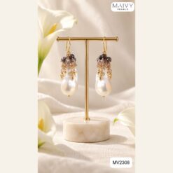Hoa tai chùm thạch anh tím nhấn ngọc trai baroque MV2308