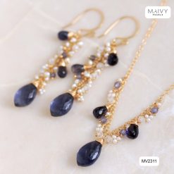 Set bông tai thạch anh tím mix ngọc trai và dây chuyền mặt thạch anh tím MV2311