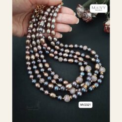 Dây chuyền ngọc trai gạo lông công nhiều sợi mix charm MV2321