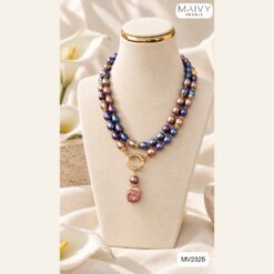 Dây chuyền ngọc trai lông công quấn 2 vòng mặt baroque vuông hồng MV2325