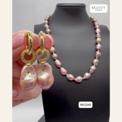 Set ngọc trai baroque hồng ánh tím dây chuyền, bông tai MV2340
