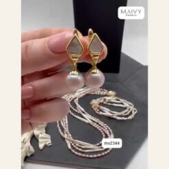 Alternative view of Set ngọc trai hồng ánh tím nhiều sợi: dây, lắc, bông tai MV2344