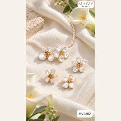 Set ngọc trai Keshi trắng kết hoa: dây chuyền, bông tai, nhẫn MV2352