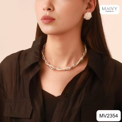 Set dây chuyền 2 sợi ngọc trai trắng mix xám đan xéo và bông tai chùm MV2354