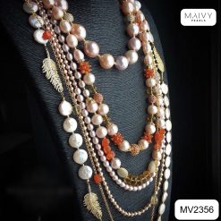 Dây chuyền ngọc trai nhiều sợi mix san hô tre biển màu đỏ và charm MV2356 – ảnh chính