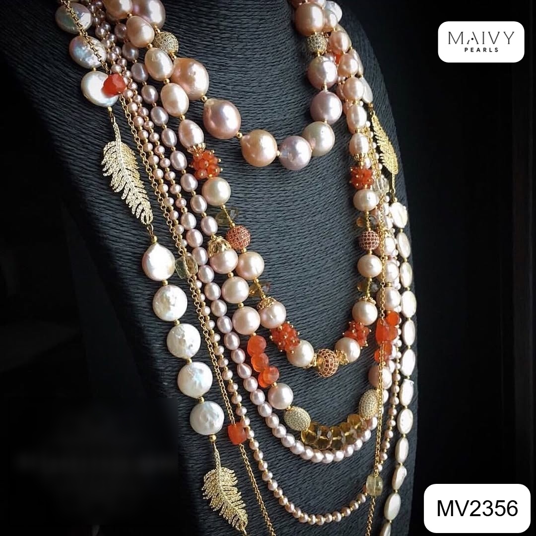 Dây chuyền ngọc trai nhiều sợi mix san hô tre biển màu đỏ và charm MV2356 – ảnh chính