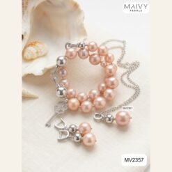 Set ngọc trai tròn hồng ánh tím: dây, lắc 2 sợi, bông tai MV2357
