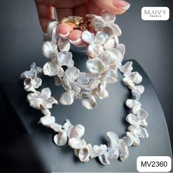 Set dây chuyền và lắc tay đôi ngọc trai Keshi trắng lá to MV2360