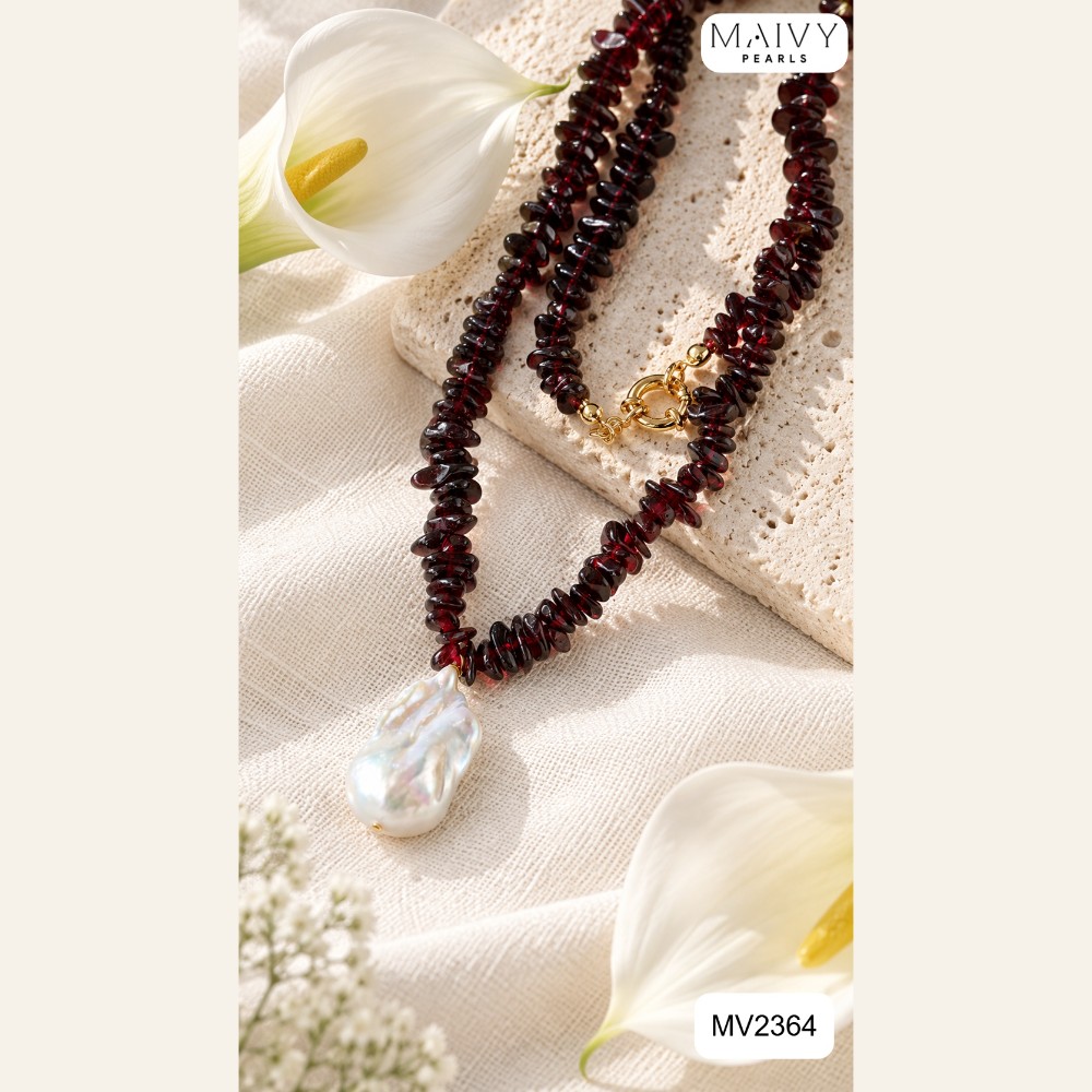 Dây chuyền thạch lựu mix mặt ngọc trai baroque trắng MV2364