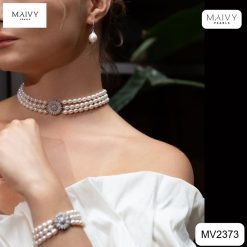 Set ngọc trai trắng dây 3 sợi, lắc 3 sợi và bông tai MV2373