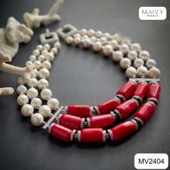 Dây chuyền 3 sợi ngọc trai tròn trắng nhấn mặt san hô tre biển màu đỏ MV2404 – ảnh 2