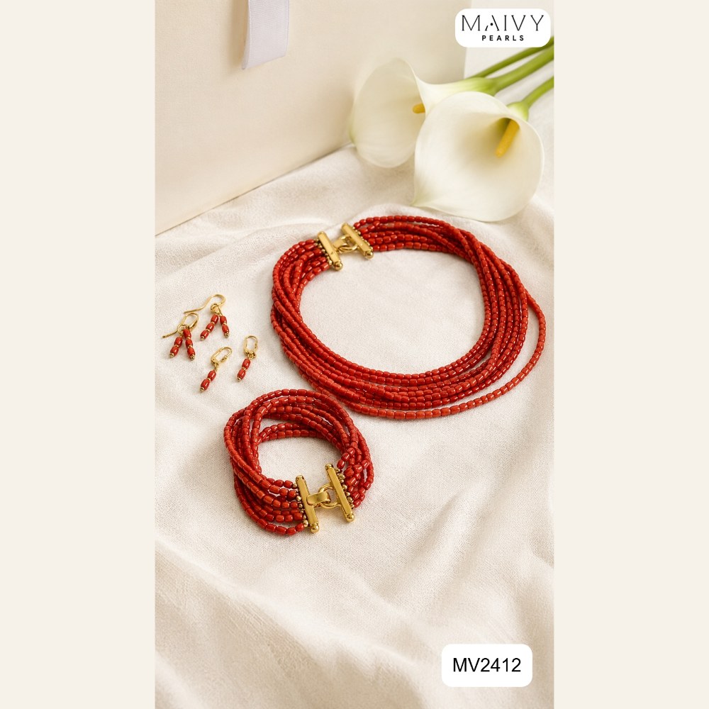 Set san hô tre biển màu đỏ nhiều sợi: dây chuyền, lắc tay, bông tai MV2412 – ảnh chính