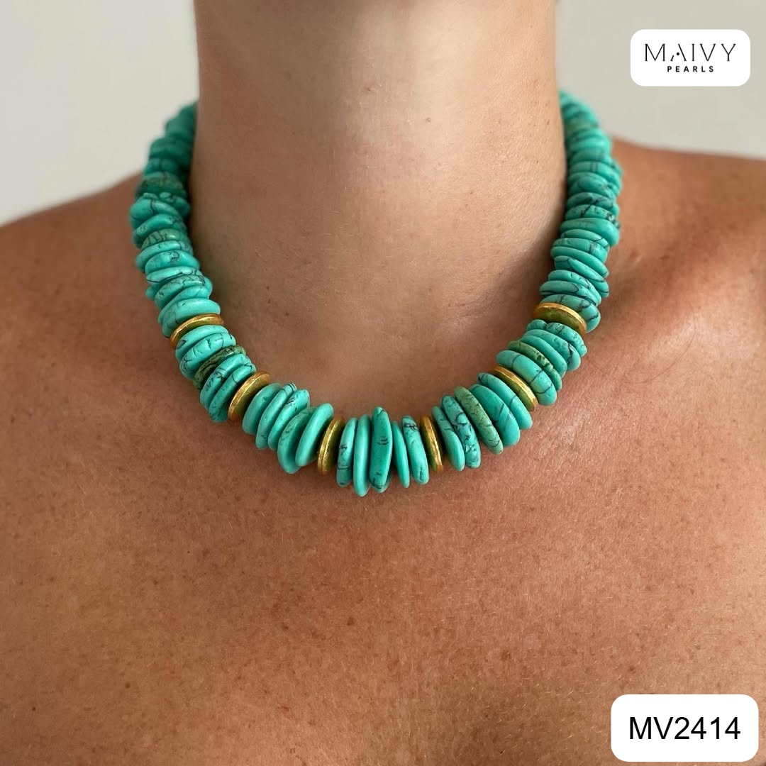 Dây chuyền đá lam dáng đĩa xếp tầng mix charm mạ vàng MV2414