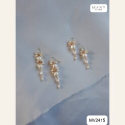 Bông tai ngọc trai tròn trắng mix ngọc gạo khuyên móc dáng dài MV2415